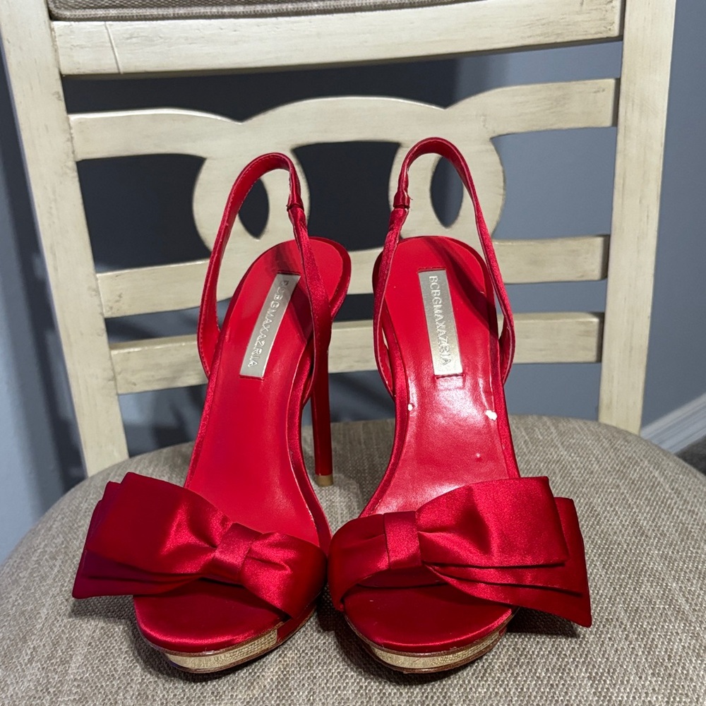 BCBGMaxAzria Red Satin Bow Slingback Heels